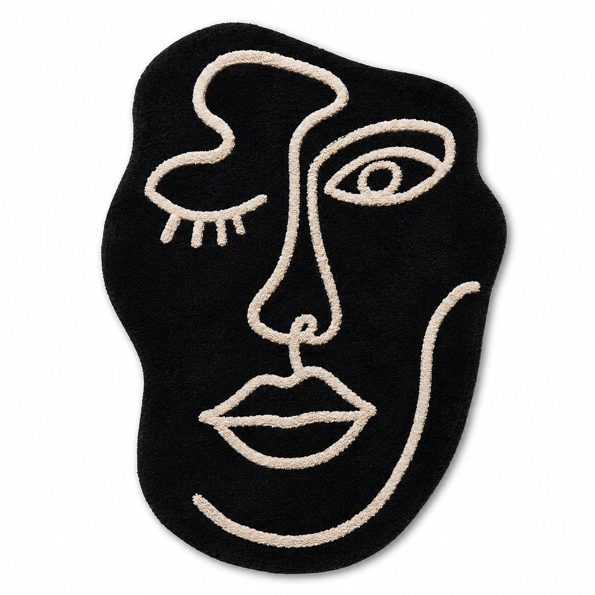 Abstract Face Tufted Rug – Black & Cream Handcrafted Artistic Accent Rug, 60 x 90 cm
