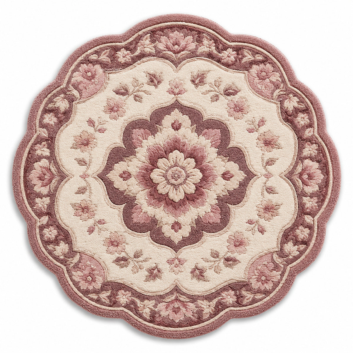 Blush Mauve Floral Tufted Cotton Rug – Round Scalloped Vintage Floral Area Rug, 90 cm