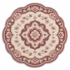 Blush Mauve Floral Tufted Cotton Rug – Round Scalloped Vintage Floral Area Rug, 90 cm