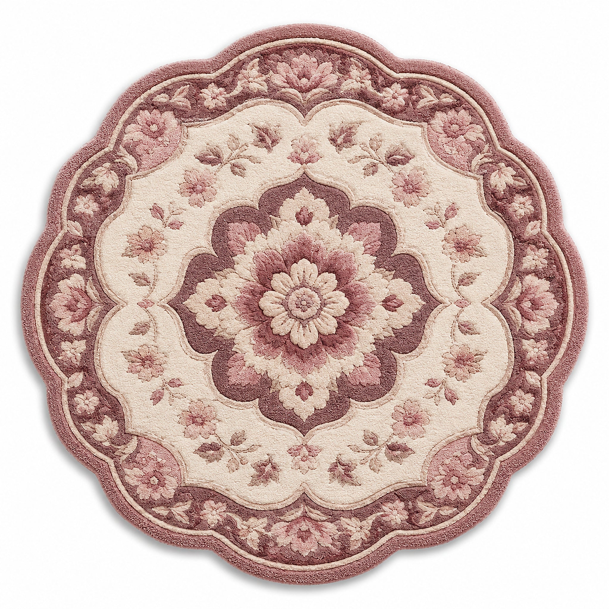 Blush Mauve Floral Tufted Cotton Rug – Round Scalloped Vintage Floral Area Rug, 90 cm