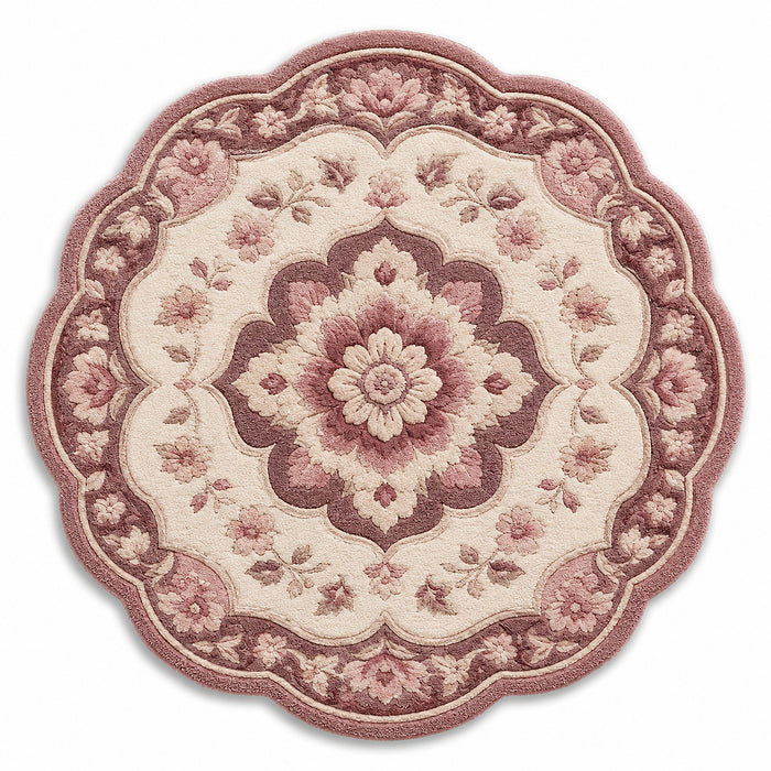 Blush Mauve Floral Tufted Cotton Rug – Round Scalloped Vintage Floral Area Rug, 90 cm