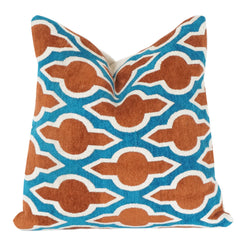 Teal & Rust Geometric Embroidered Cotton Cushion Cover | Abstract Trellis Pattern | 18x18 Inch Decorative Pillow Cover