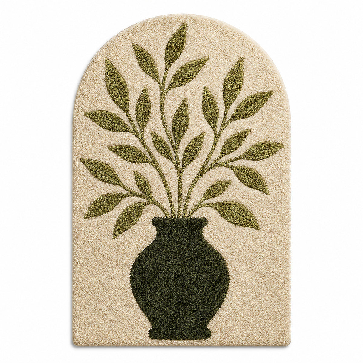 Handmade Tufted Botanical Arch Rug – Olive Green Leaf & Vase Design, Cotton Accent Rug for Bedroom & Living Room