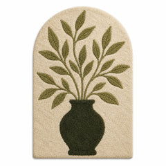 Handmade Tufted Botanical Arch Rug – Olive Green Leaf & Vase Design, Cotton Accent Rug for Bedroom & Living Room