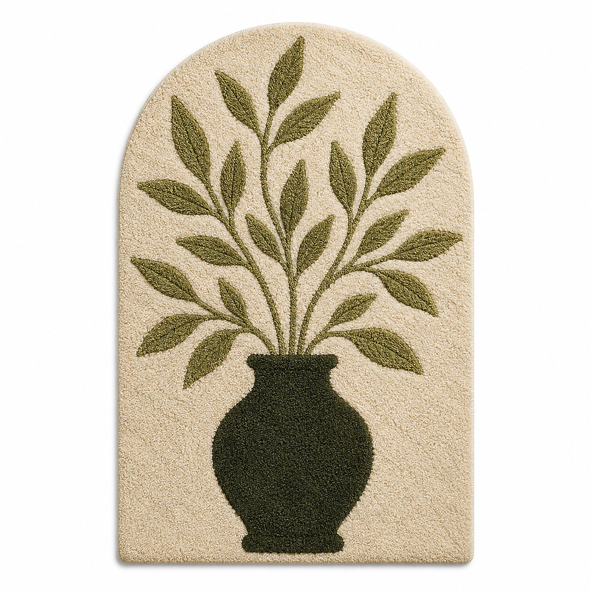Handmade Tufted Botanical Arch Rug – Olive Green Leaf & Vase Design, Cotton Accent Rug for Bedroom & Living Room