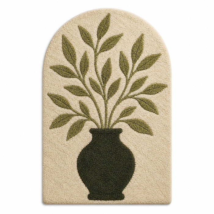 Handmade Tufted Botanical Arch Rug – Olive Green Leaf & Vase Design, Cotton Accent Rug for Bedroom & Living Room