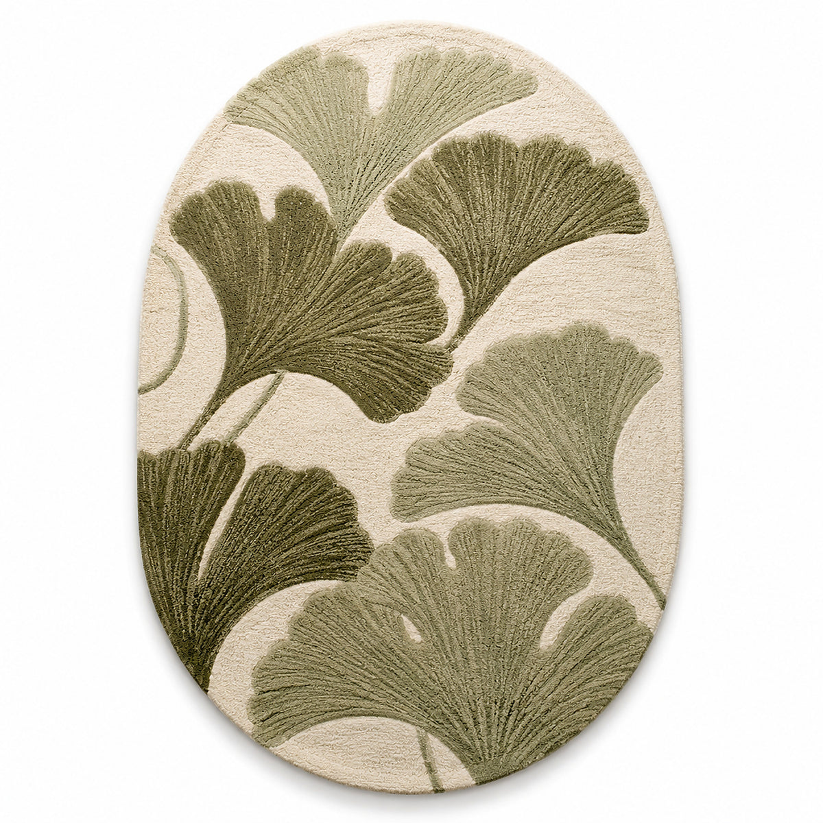 Ginkgo Leaf Botanical Oval Tufted Rug – Sage Green & Ivory Textured Accent Rug