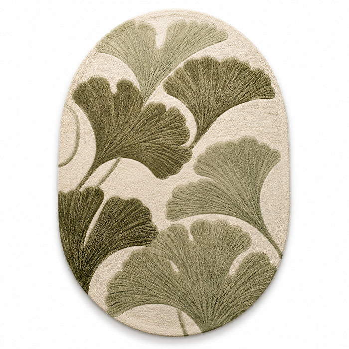 Ginkgo Leaf Botanical Oval Tufted Rug – Sage Green & Ivory Textured Accent Rug