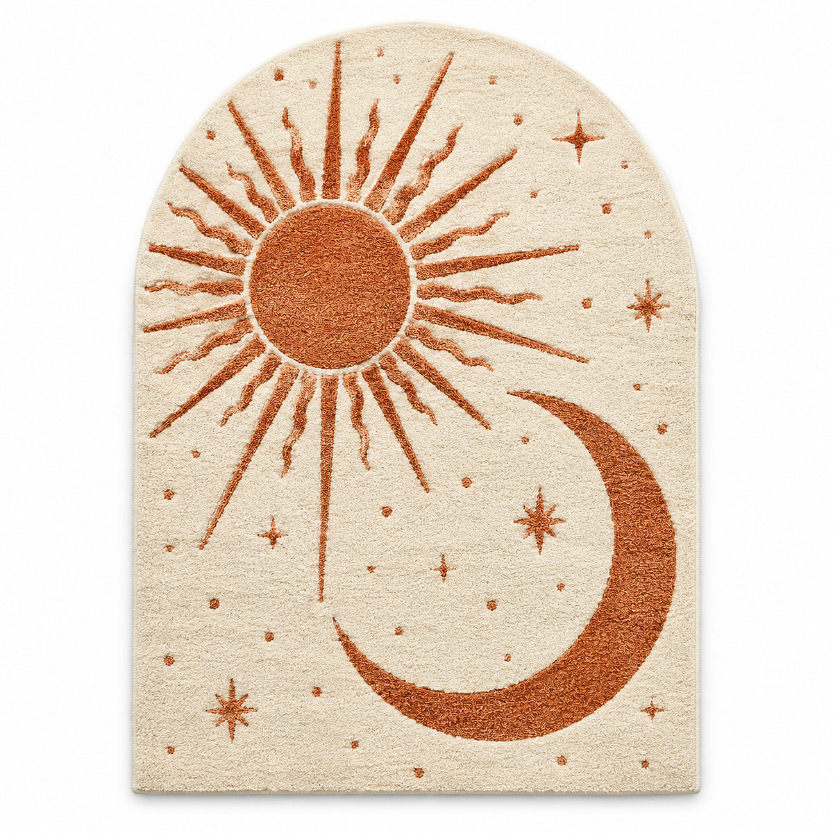 Celestial Sun & Moon Tufted Rug – Rust & Cream Arch Shaped Bohemian Area Rug