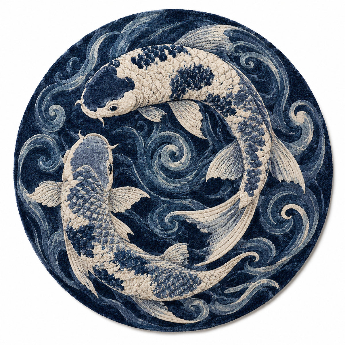 Round Koi Fish Tufted Area Rug – Navy Blue & Ivory Japanese Fish Design, Round Decorative Carpet