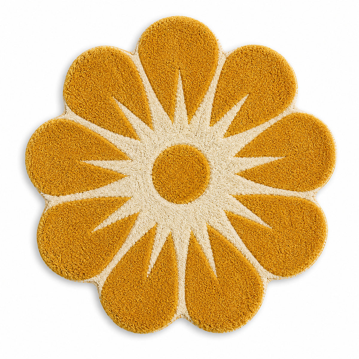 Golden Sunburst Flower Shaped Tufted Rug – Round Floral Accent Rug for Living Room & Bedroom