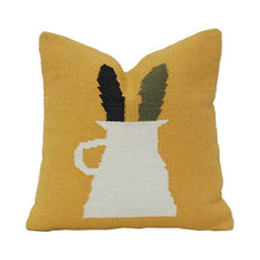 Mustard Yellow Cotton Cushion Cover with Embbroidered Vase & Leaf Design | Modern Abstract Decor | 18x18 Inch