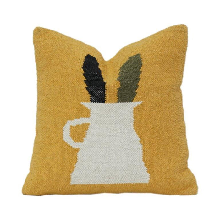 Mustard Vase & Leaf Embroidered Cotton Cushion Cover 45x45 cm