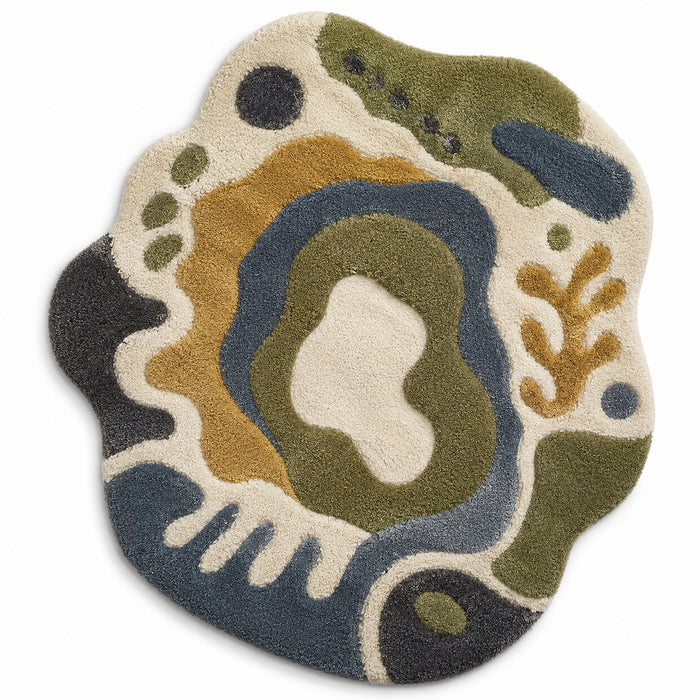 Abstract Organic Geometric Tufted Rug – Olive Green, Mustard & Charcoal – 60 x 90 cm