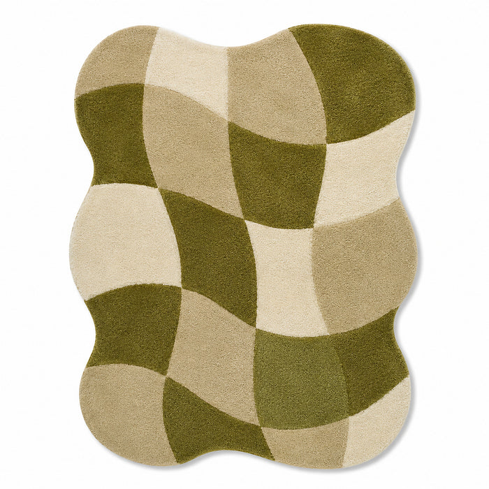 Hand Tufted Organic Olive Green & Cream Checkerboard Rug – 70 x 90 cm