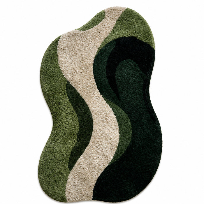 Abstract Organic Wave Tufted Rug – Green & Cream Handmade Area Rug, 60 x 90 cm
