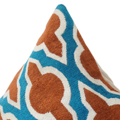 Teal & Rust Geometric Embroidered Cotton Cushion Cover | Abstract Trellis Pattern | 18x18 Inch Decorative Pillow Cover
