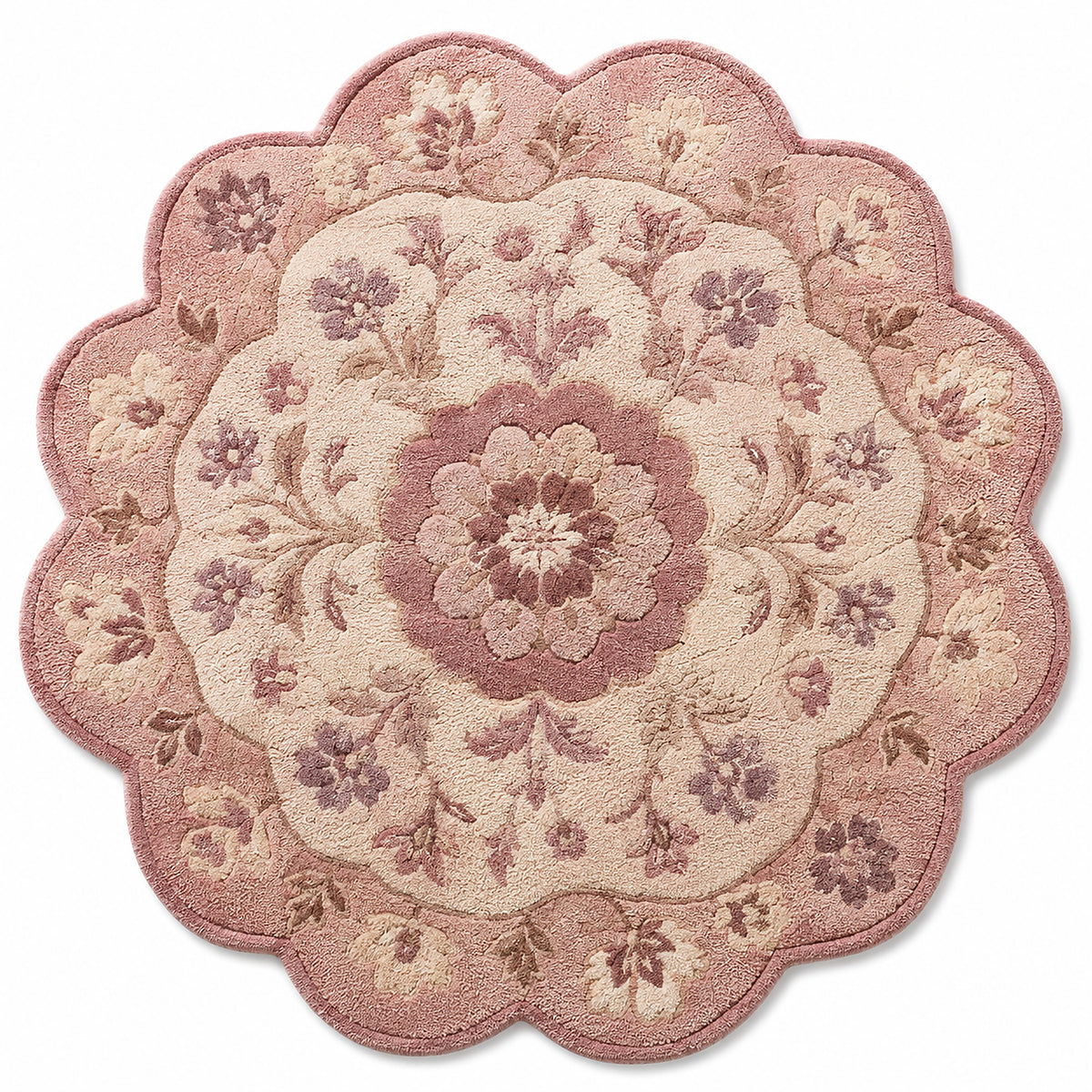 Printed Floral Medallion Round Rug – 120 cm | Scalloped Edge Vintage Rose Design