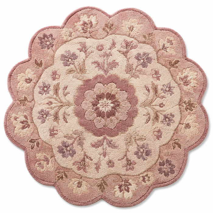 Printed Floral Medallion Round Rug – 120 cm | Scalloped Edge Vintage Rose Design