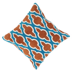 Teal & Rust Geometric Embroidered Cotton Cushion Cover | Abstract Trellis Pattern | 18x18 Inch Decorative Pillow Cover