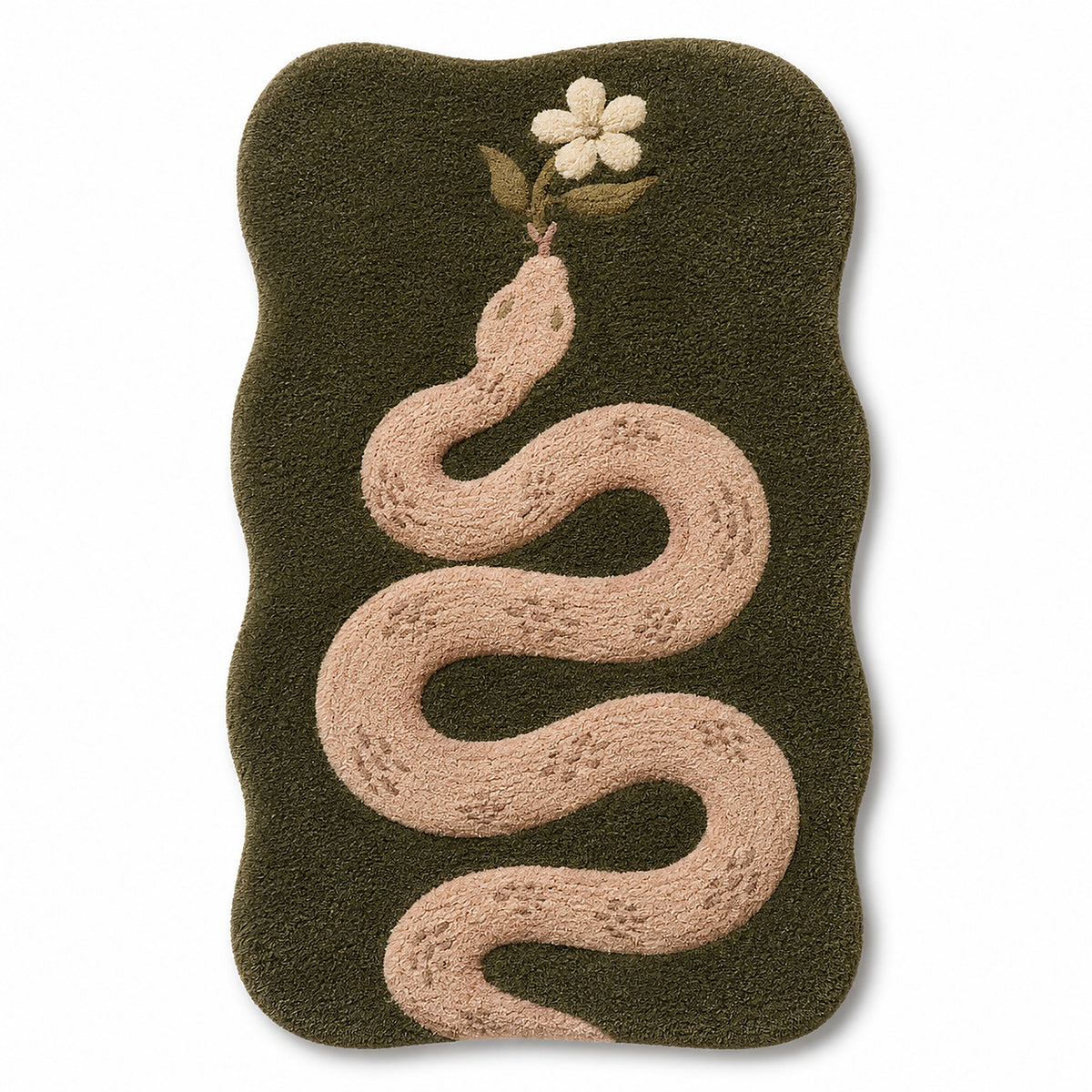 Olive Green Snake & Floral Printed Rug – 60 x 90 cm | Artistic Nature-Inspired Accent Rug