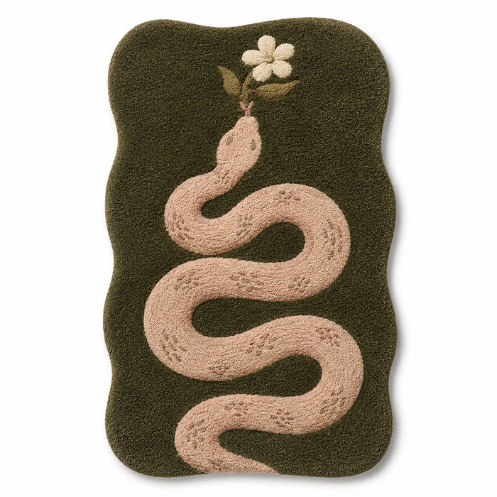 Olive Green Snake & Floral Printed Rug – 60 x 90 cm | Artistic Nature-Inspired Accent Rug