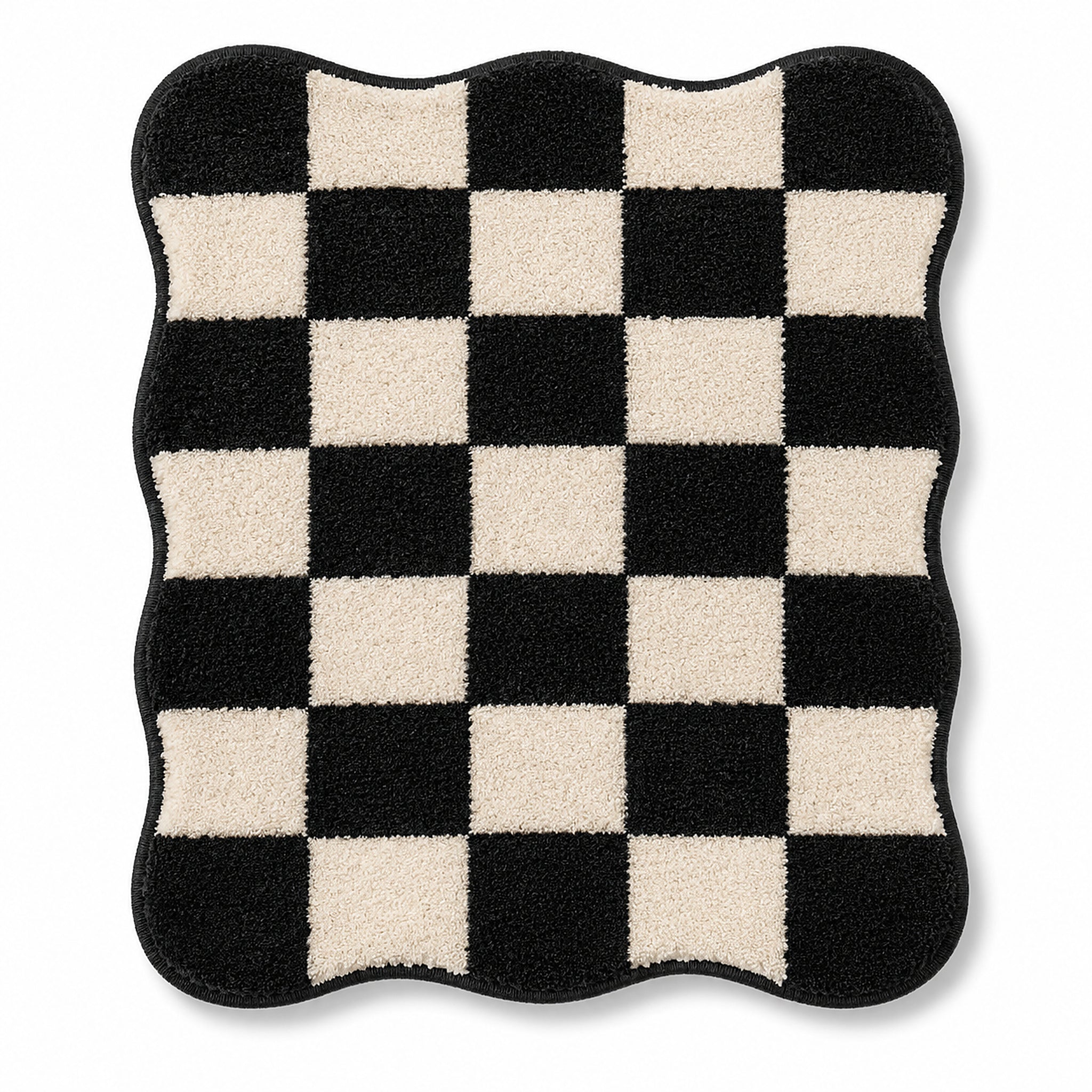 Black & Cream Checkerboard Tufted Rug | Wavy Edge Accent Rug | 70 x 90 cm