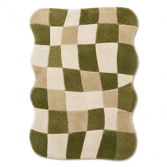 Moss Green & Ivory Checkerboard Tufted Rug – Wavy Organic Shape, 60 x 90 cm