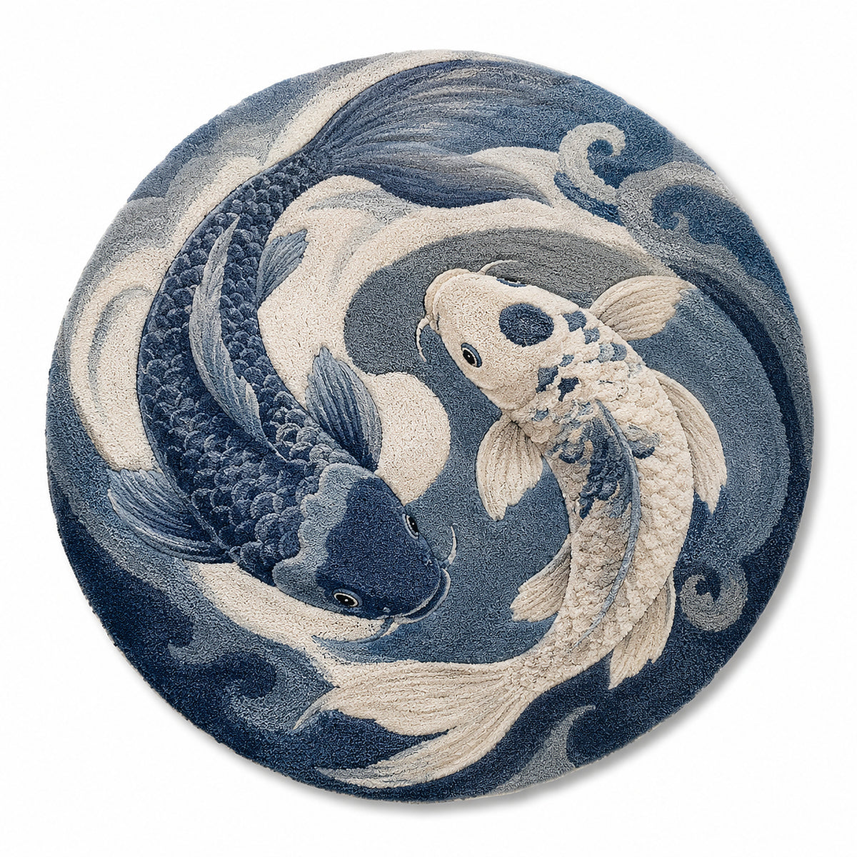 Printed Koi Fish Yin Yang Round Rug – Blue & Ivory Decorative Area Rug, 120 cm Round