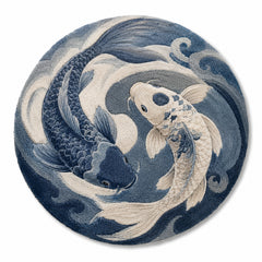 Printed Koi Fish Yin Yang Round Rug – Blue & Ivory Decorative Area Rug, 120 cm Round