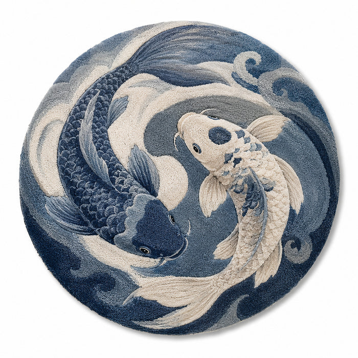 Printed Koi Fish Yin Yang Round Rug – Blue & Ivory Decorative Area Rug, 120 cm Round