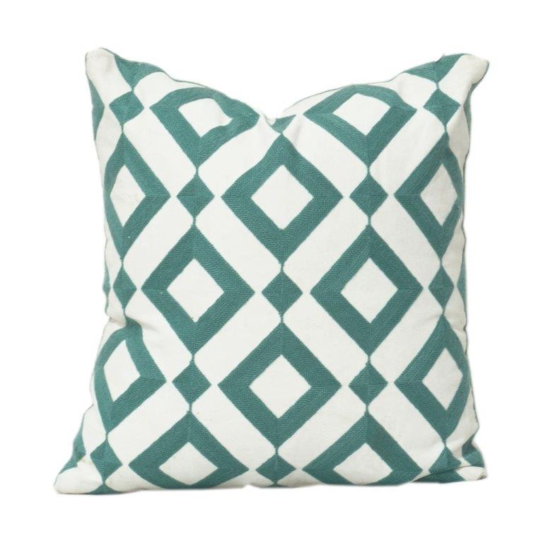 Geometric Embroidered Cotton Cushion Cover 45x45 cm – Teal Diamond Pattern | Modern Decorative Throw Pillow