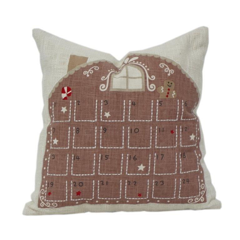Christmas Gingerbread House Advent Calendar Cushion Cover – Embroidered Cotton Holiday Pillow Cover with Pockets (45x45 cm) - Bulk manufacturer & supplier from Panipat, India