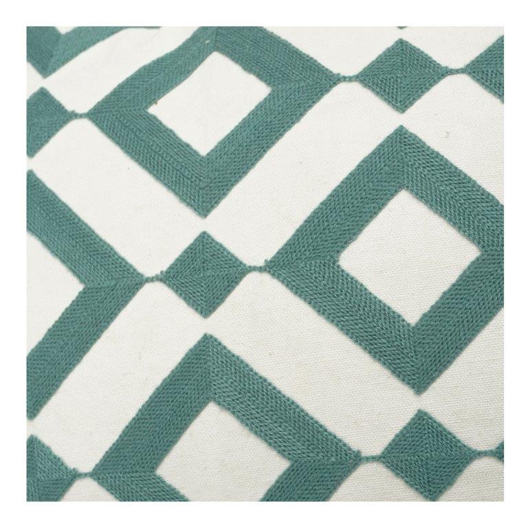 Geometric Embroidered Cotton Cushion Cover 45x45 cm – Teal Diamond Pattern | Modern Decorative Throw Pillow