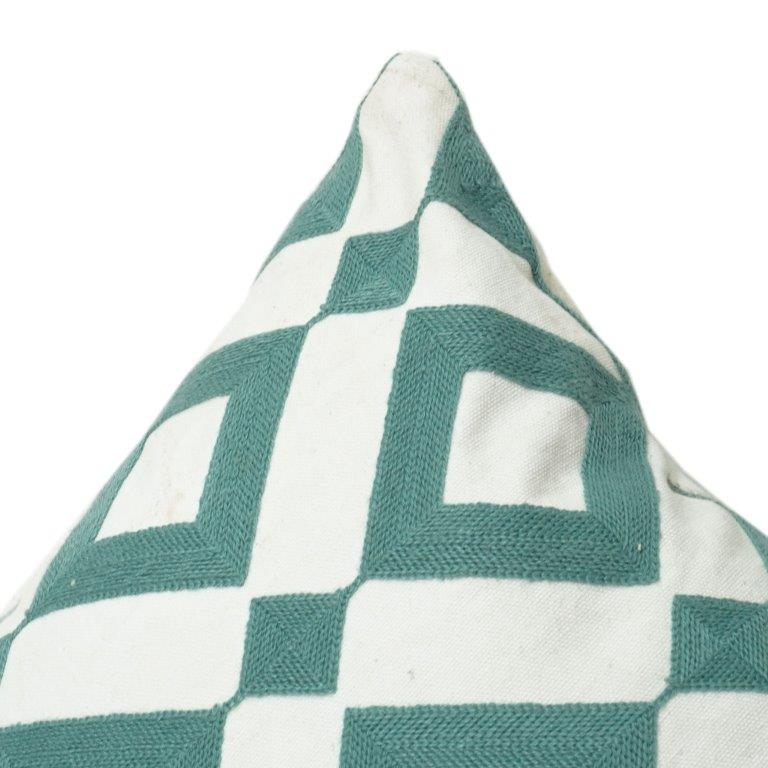 Geometric Embroidered Cotton Cushion Cover 45x45 cm – Teal Diamond Pattern | Modern Decorative Throw Pillow