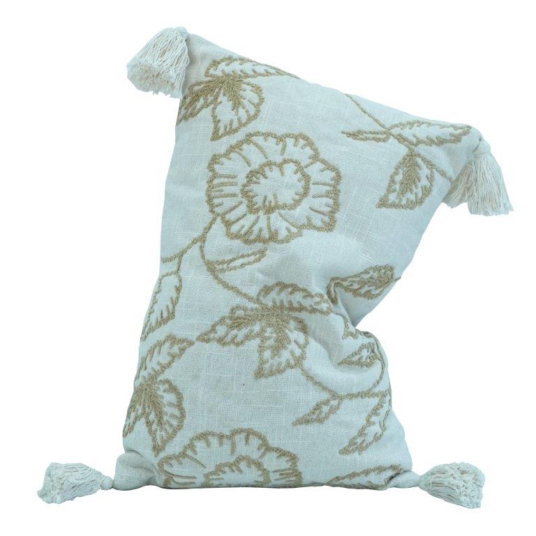 Embroidered Cotton Cushion Cover with Tassels – Floral Threadwork Design | 35x50 cm Rectangular Decorative Pillow Cover - Bulk manufacturer & supplier from Panipat, India