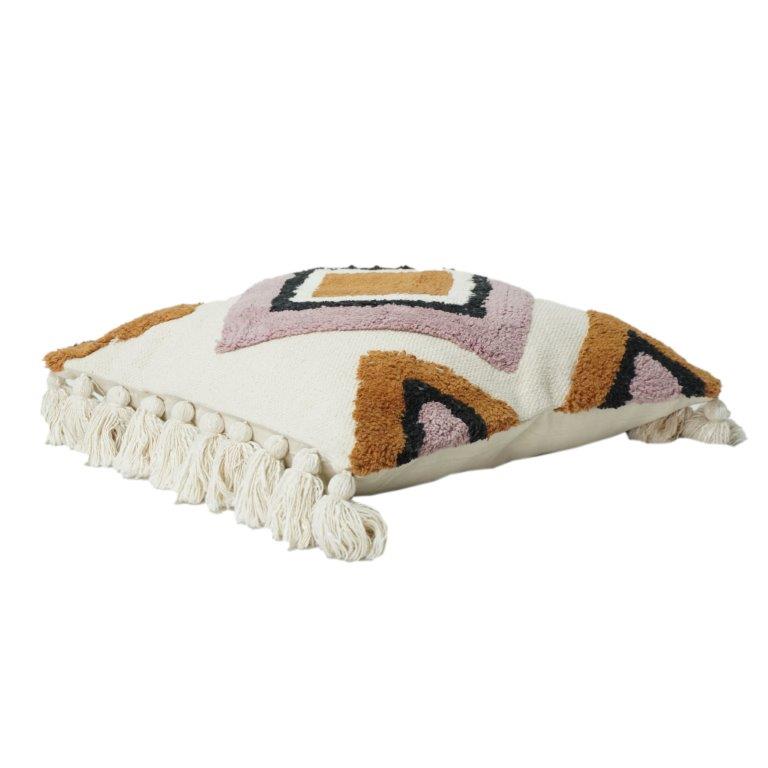 Geometric Tufted Cotton Cushion Cover with Tassels | Boho Textured Throw Pillow Cover (18x18 Inch) - Bulk manufacturer & supplier from Panipat, India
