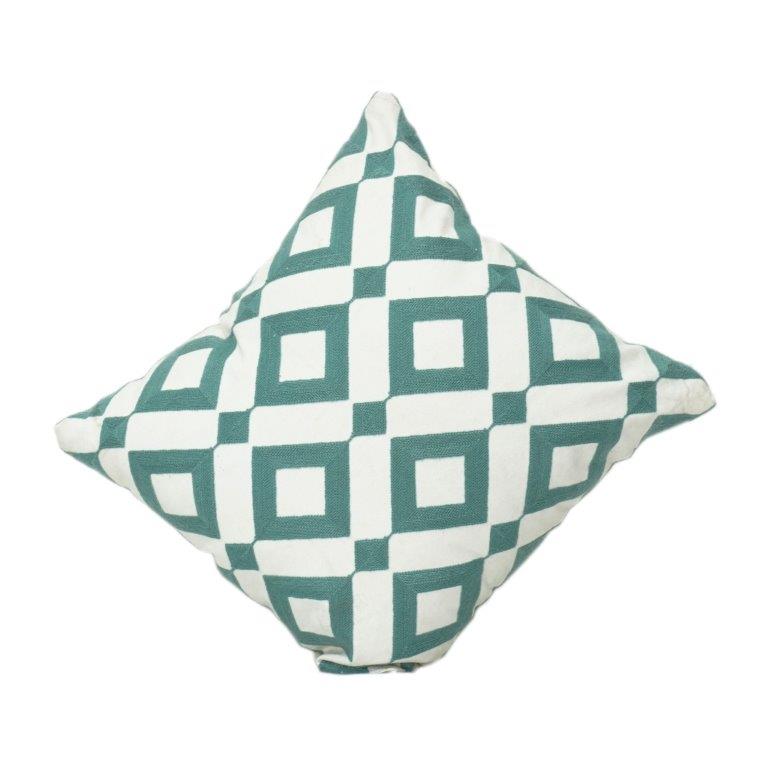Geometric Embroidered Cotton Cushion Cover 45x45 cm – Teal Diamond Pattern | Modern Decorative Throw Pillow