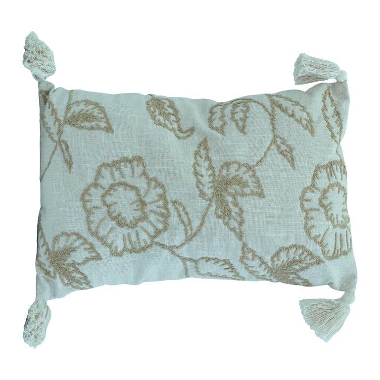 Embroidered Cotton Cushion Cover with Tassels – Floral Threadwork Design | 35x50 cm Rectangular Decorative Pillow Cover - Bulk manufacturer & supplier from Panipat, India