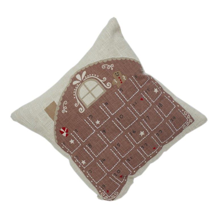 Christmas Gingerbread House Advent Calendar Cushion Cover – Embroidered Cotton Holiday Pillow Cover with Pockets (45x45 cm) - Bulk manufacturer & supplier from Panipat, India