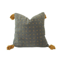 Hand Embroidered Cotton Cushion Cover with Tassels – Grey & Mustard Geometric Pattern | 45x45 cm Decorative Throw Pillow Cover