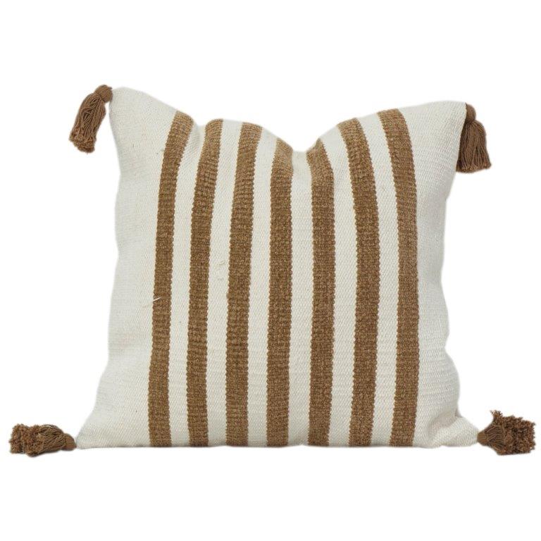 Handwoven Cotton Striped Cushion Cover with Tassels – 45x45 cm | Neutral Boho Decor Pillow