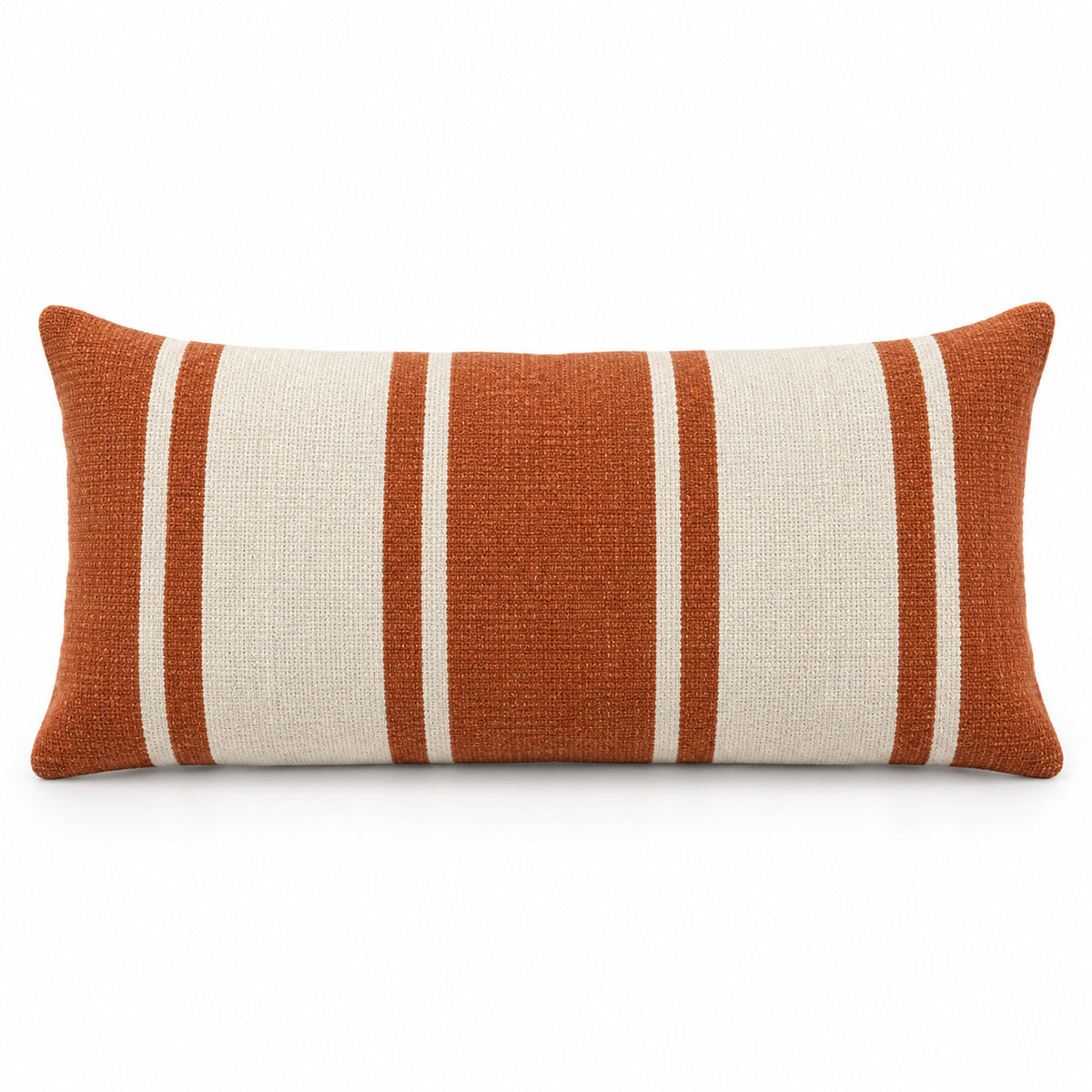 Rectangular burnt orange lumbar cushion cover with wide white vertical stripes on a white background