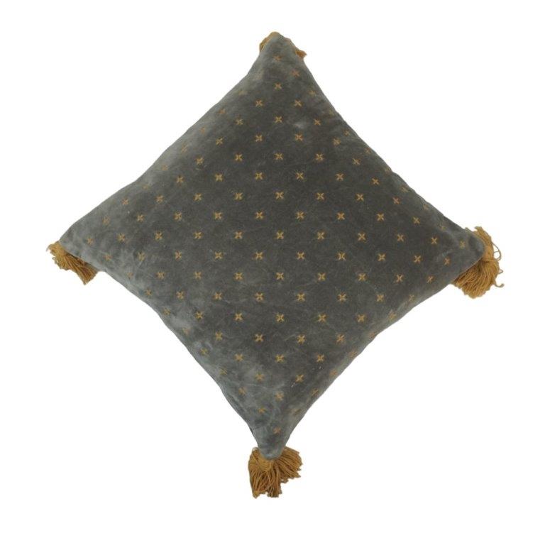 Hand Embroidered Cotton Cushion Cover with Tassels – Grey & Mustard Geometric Pattern | 45x45 cm Decorative Throw Pillow Cover - Bulk manufacturer & supplier from Panipat, India