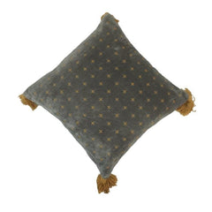 Hand Embroidered Cotton Cushion Cover with Tassels – Grey & Mustard Geometric Pattern | 45x45 cm Decorative Throw Pillow Cover