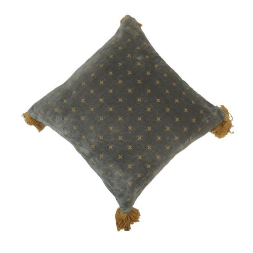 Hand Embroidered Cotton Cushion Cover with Tassels – Grey & Mustard Geometric Pattern | 45x45 cm Decorative Throw Pillow Cover