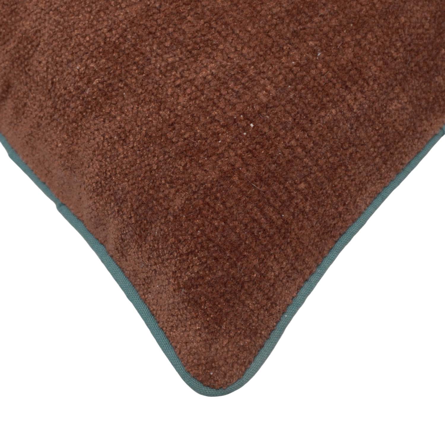 Handmade Cotton Chenille Cushion Cover with Green Piping | Brown Solid Decorative Throw Pillow Cover | 45x45 cm (18x18 Inch)