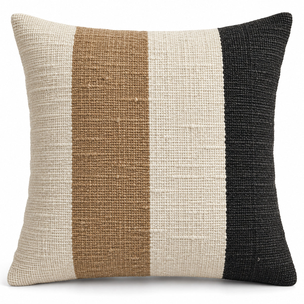 Square cushion cover with broad camel, ivory and charcoal vertical stripes on a white background