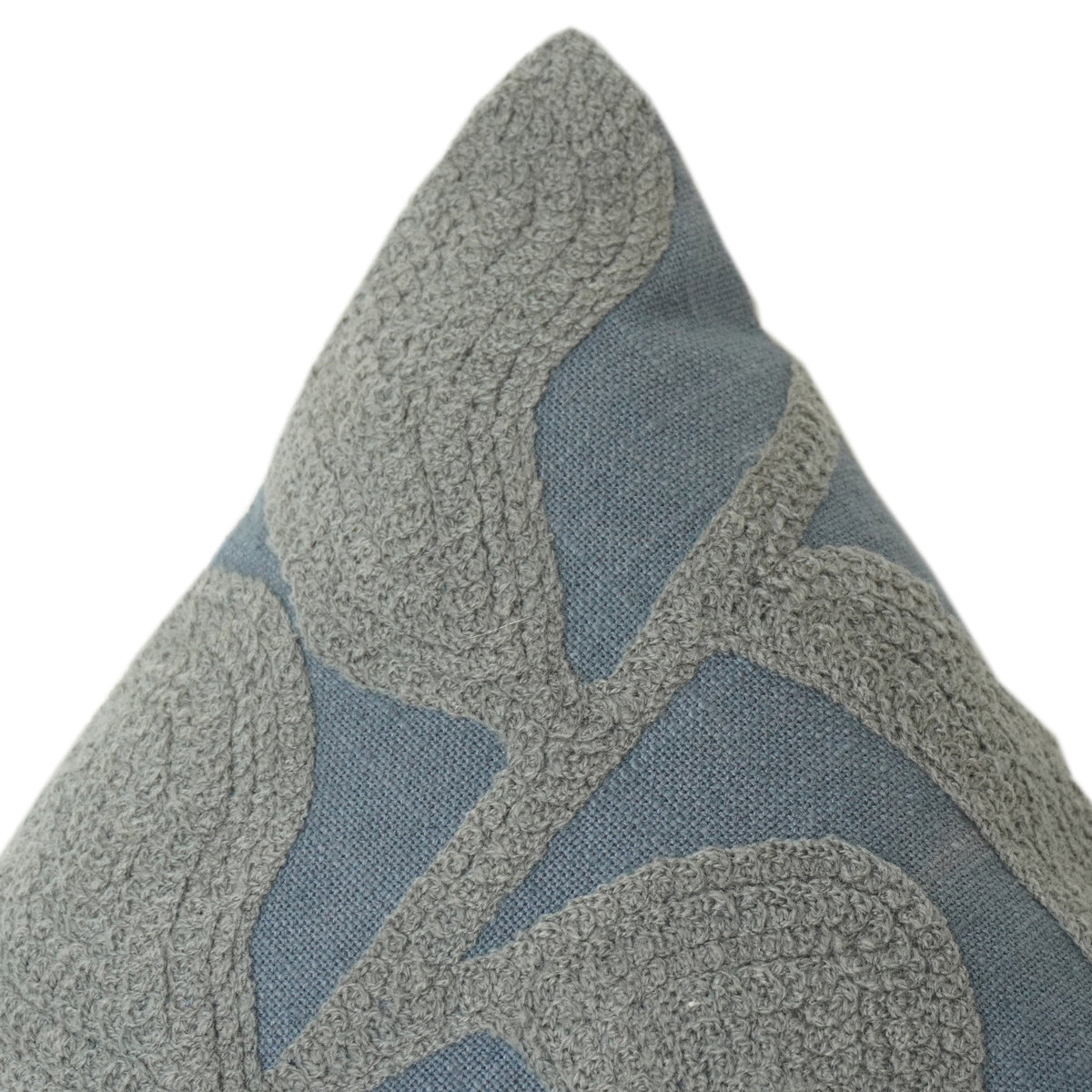 Abstract Leaf Embroidered Cotton Cushion Cover – Textured Botanical Design in Dusty Blue & Sage Green (18x18 Inch) - Bulk manufacturer & supplier from Panipat, India