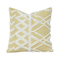 Handwoven Cotton Cushion Cover 45x45 cm – Geometric Textured Tufted Design in Mustard & White